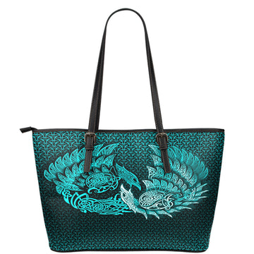 Viking Leather Tote Ragnarok Huginn Muninn Cyan Version Leather Tote RLT12