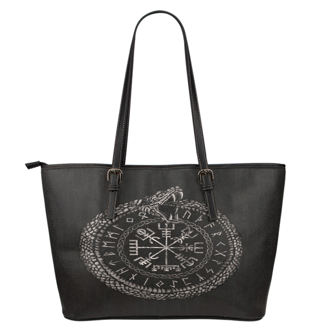Viking Leather Tote Viking Vegvisir with Ouroboros and Runes Leather Tote RLT12