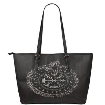 Viking Leather Tote Viking Vegvisir with Ouroboros and Runes Leather Tote RLT12