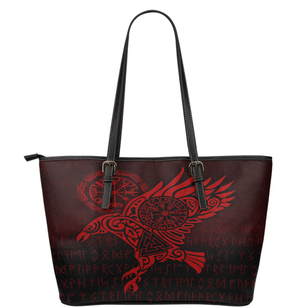 Viking Leather Tote Raven Vegvisir Tattoo Red Version Leather Tote RLT12
