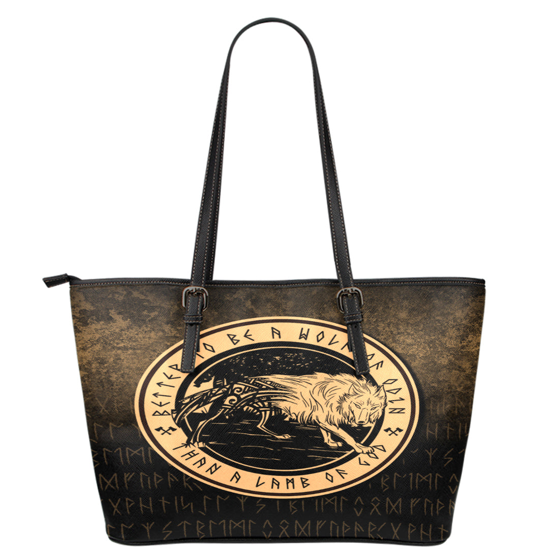 Wonder Print Shop Leather Tote - Wolf Of Odin - Gold Version Leather Tote RLT12