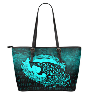 Viking Leather Tote Fenrir Viking 3D Tattoo Cyan Version Leather Tote RLT12