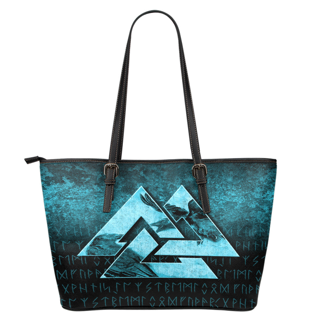 Viking Leather Tote Huginn Muninn Ravens from Odin Viking Cyan Version Leather Tote RLT12