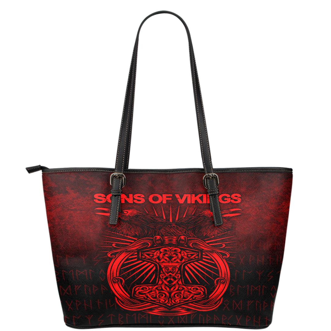 Viking Leather Tote Vikings Ravens Mjolnir Red Version Leather Tote RLT12