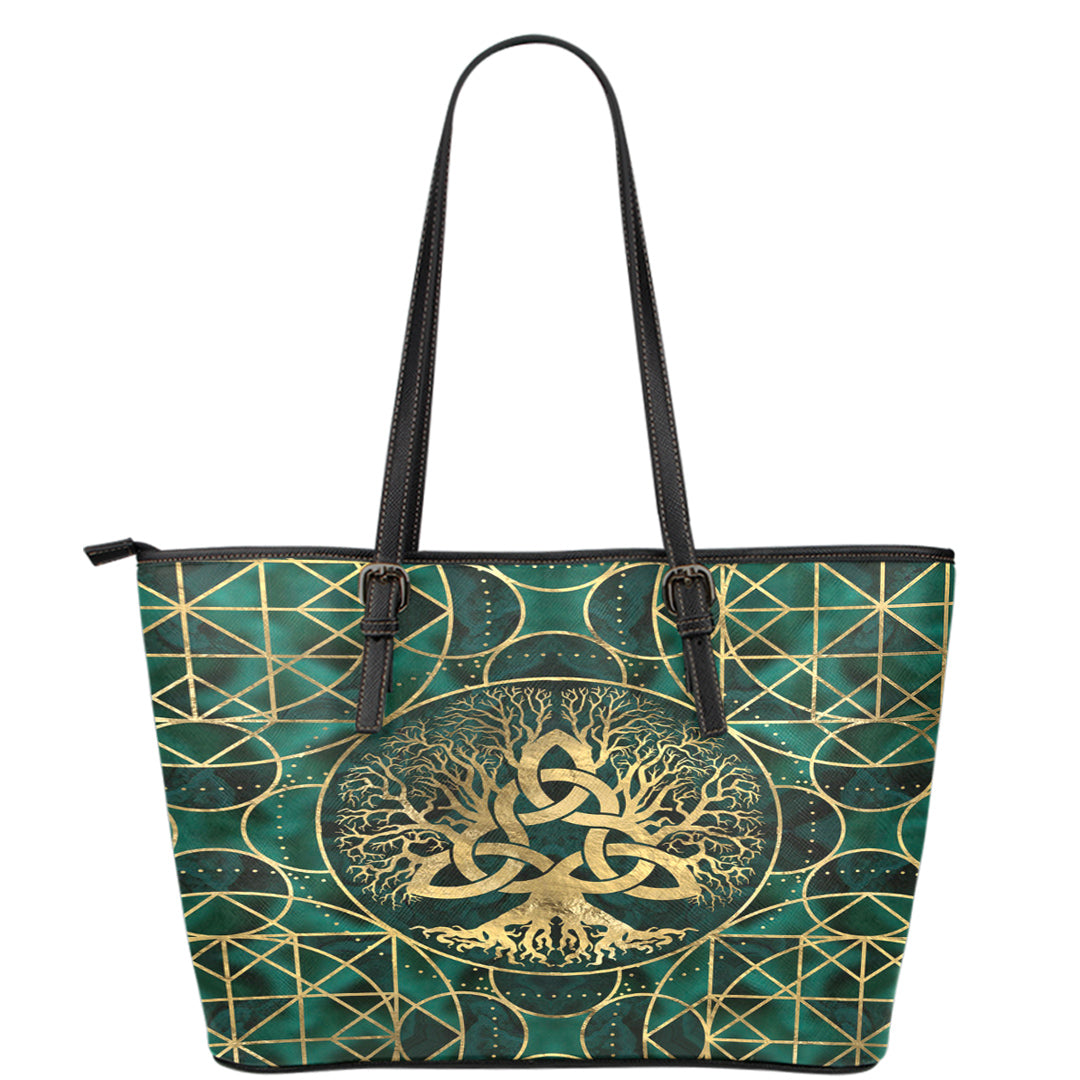 Viking Leather Tote Tree Of Life with Triquetra Malachite and Gold Leather Tote RLT12