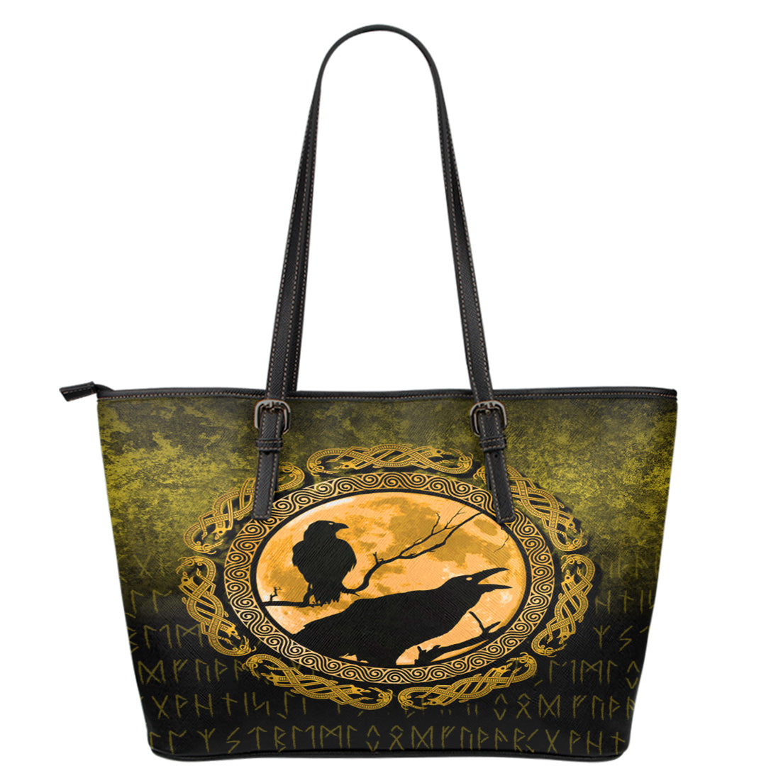 Viking Leather Tote Vikings Huginn Muninn Odin Ravens Gold Version Leather Tote RLT12