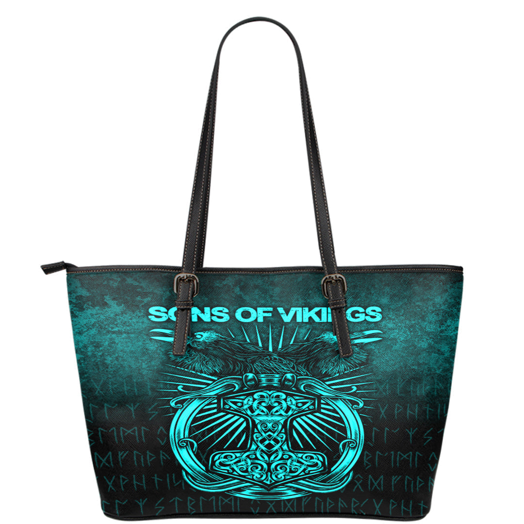 Viking Leather Tote Vikings Ravens Mjolnir Cyan Version Leather Tote RLT12