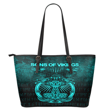 Viking Leather Tote Vikings Ravens Mjolnir Cyan Version Leather Tote RLT12