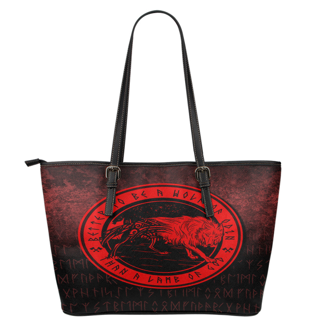 Wonder Print Shop Leather Tote - Wolf Of Odin - Red Version Leather Tote RLT12