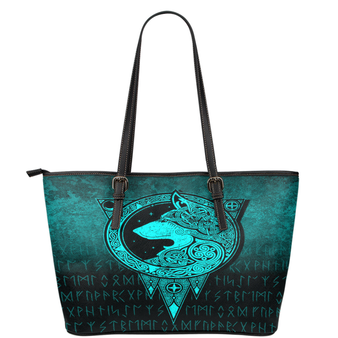 Viking Leather Tote Viking Norse Wolf Cyan Version Leather Tote RLT12