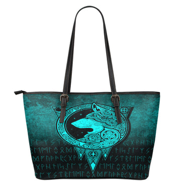 Viking Leather Tote Viking Norse Wolf Cyan Version Leather Tote RLT12