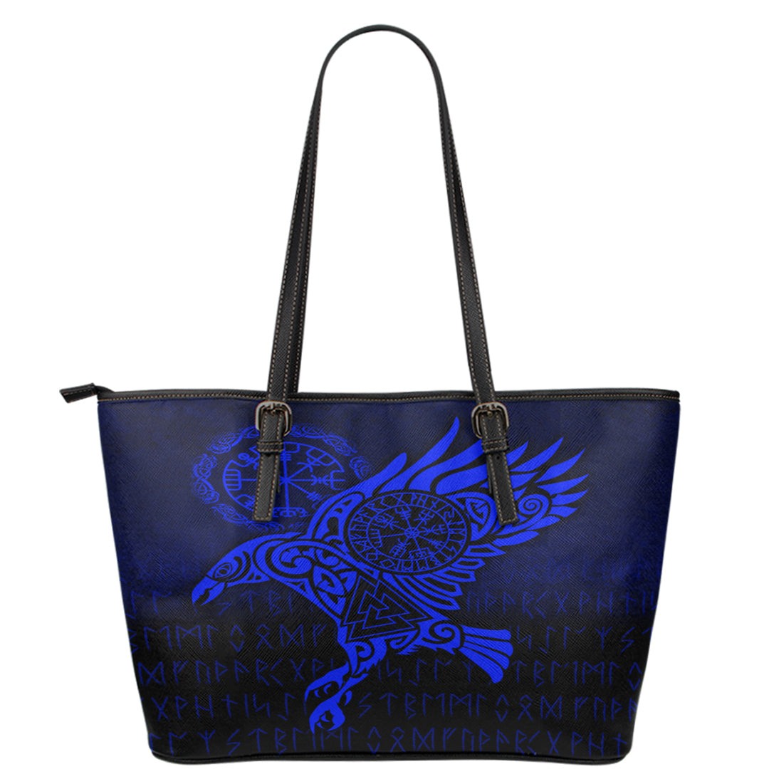 Viking Leather Tote Raven Vegvisir Tattoo Blue Version Leather Tote RLT12