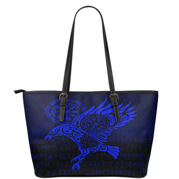 Viking Leather Tote Raven Vegvisir Tattoo Blue Version Leather Tote RLT12