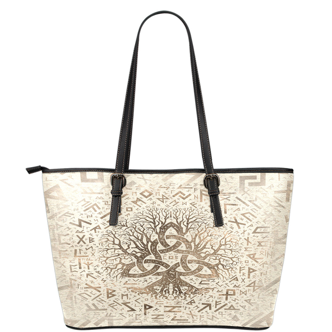Viking Leather Tote Tree Of Life with Triquetra and Futhark Pastel Gold Leather Tote RLT12