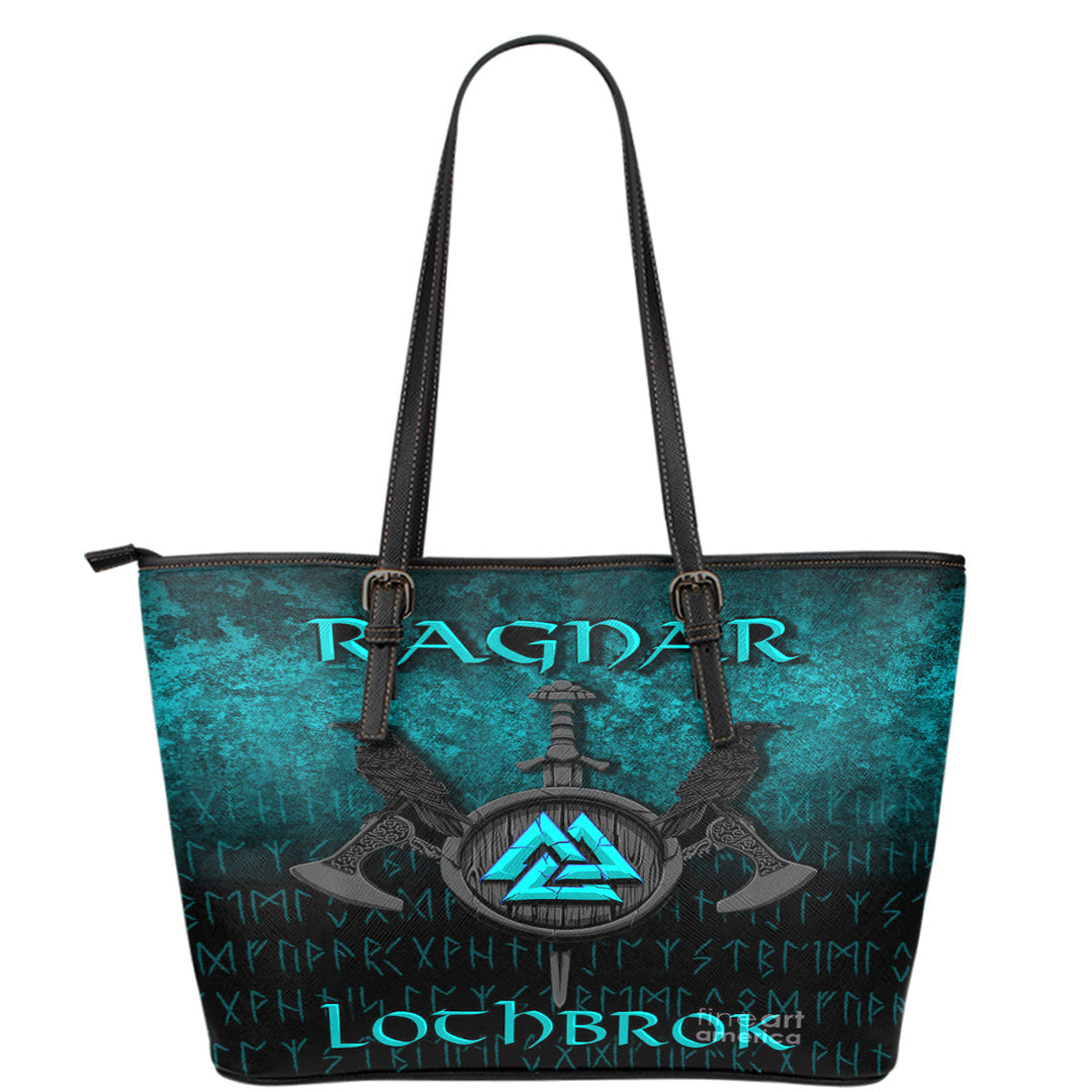 Viking Leather Tote Ragnar Lothbrok Ragnar Lodbrok Viking Warrior Cyan Version Leather Tote RLT12