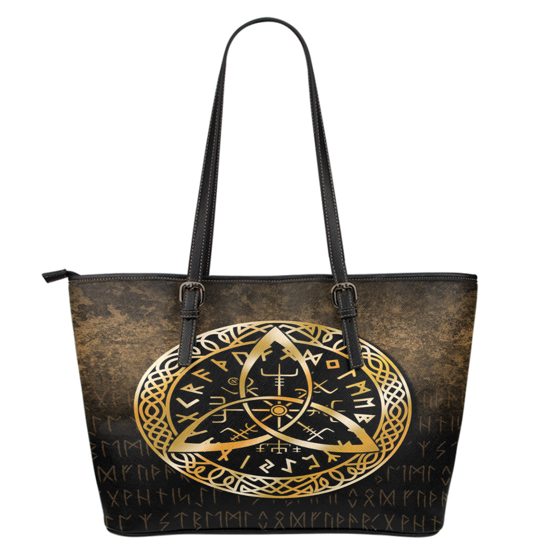 Viking Leather Tote Vegvisir Nordic Viking Rune Gold Version Leather Tote RLT12