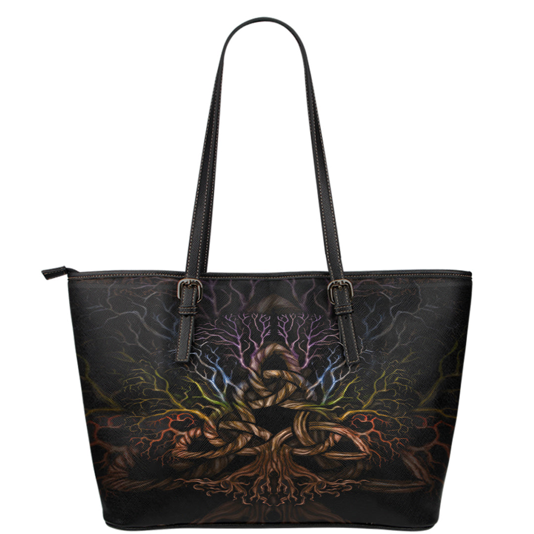Viking Leather Tote Colorful Tree Of Life With Triquetra Leather Tote RLT12