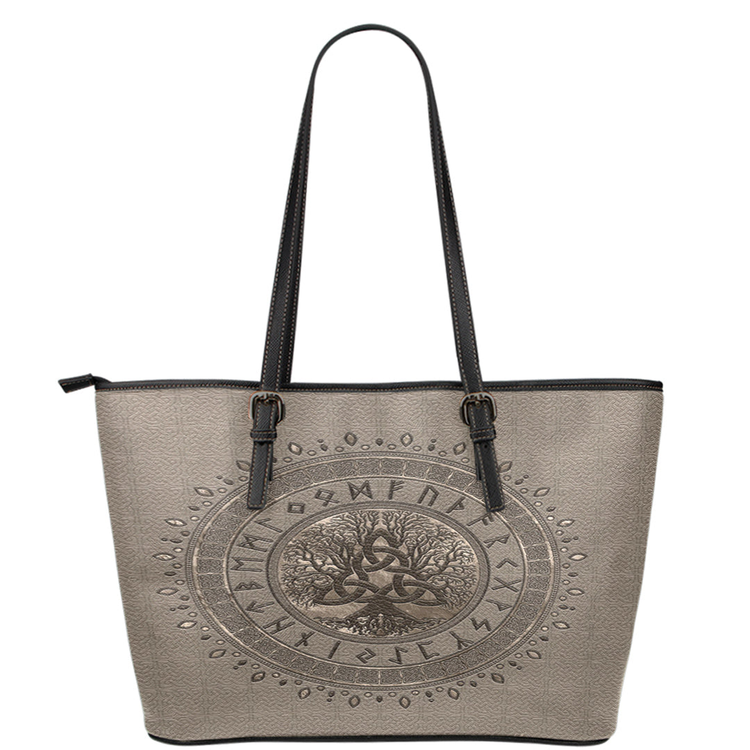 Viking Leather Tote Tree Of Life with Triquetra Beige Leather Tote RLT12