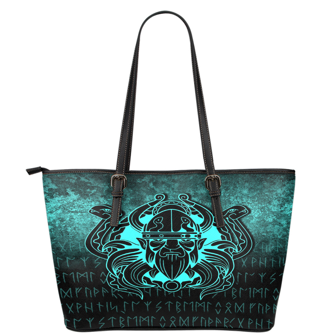 Viking Leather Tote Nordic Warrior Valhalla Norse Cyan Version Leather Tote RLT12