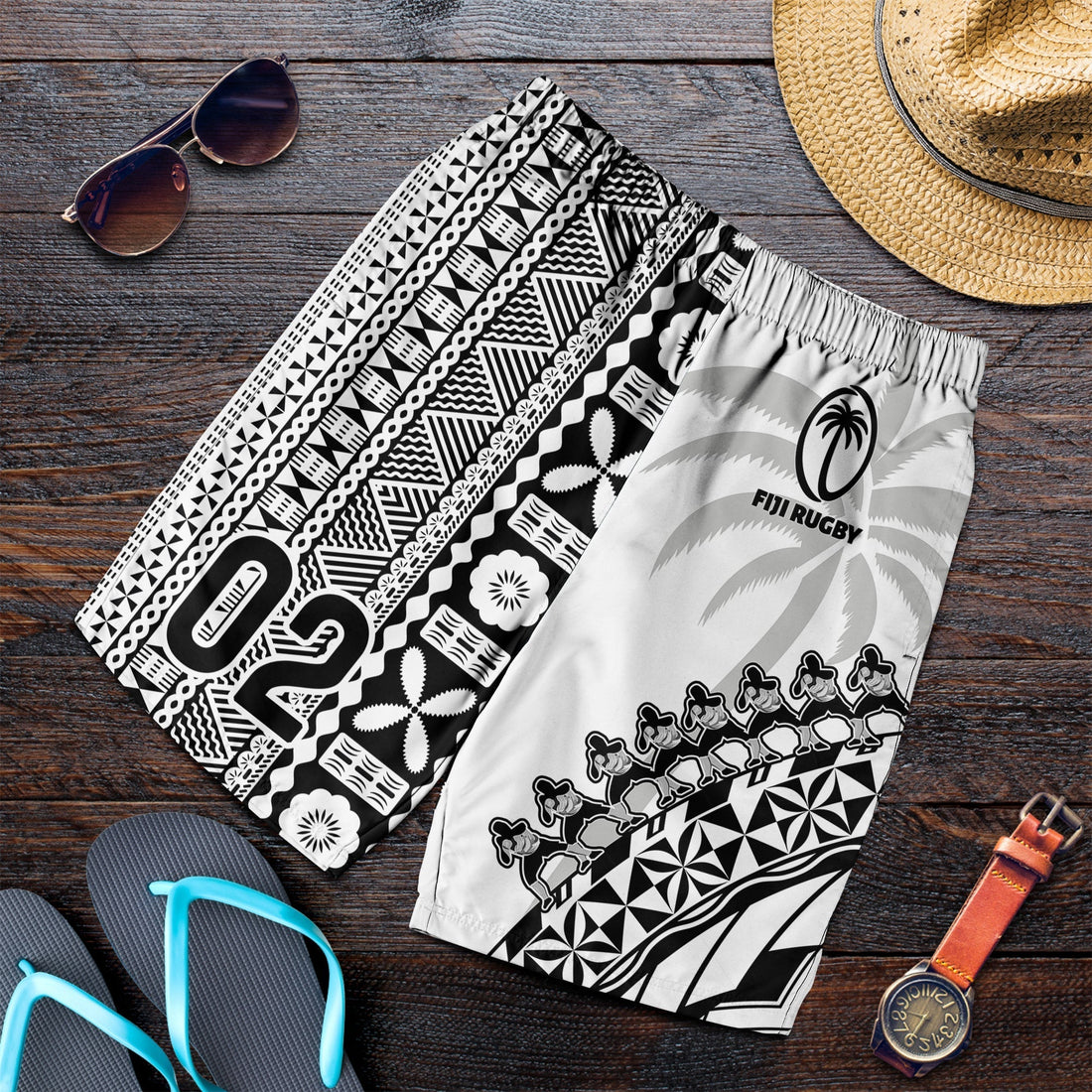 Custom Personalised Fiji Rugby Men Shorts Fijian Cibi Dance Tapa Pattern White LT14