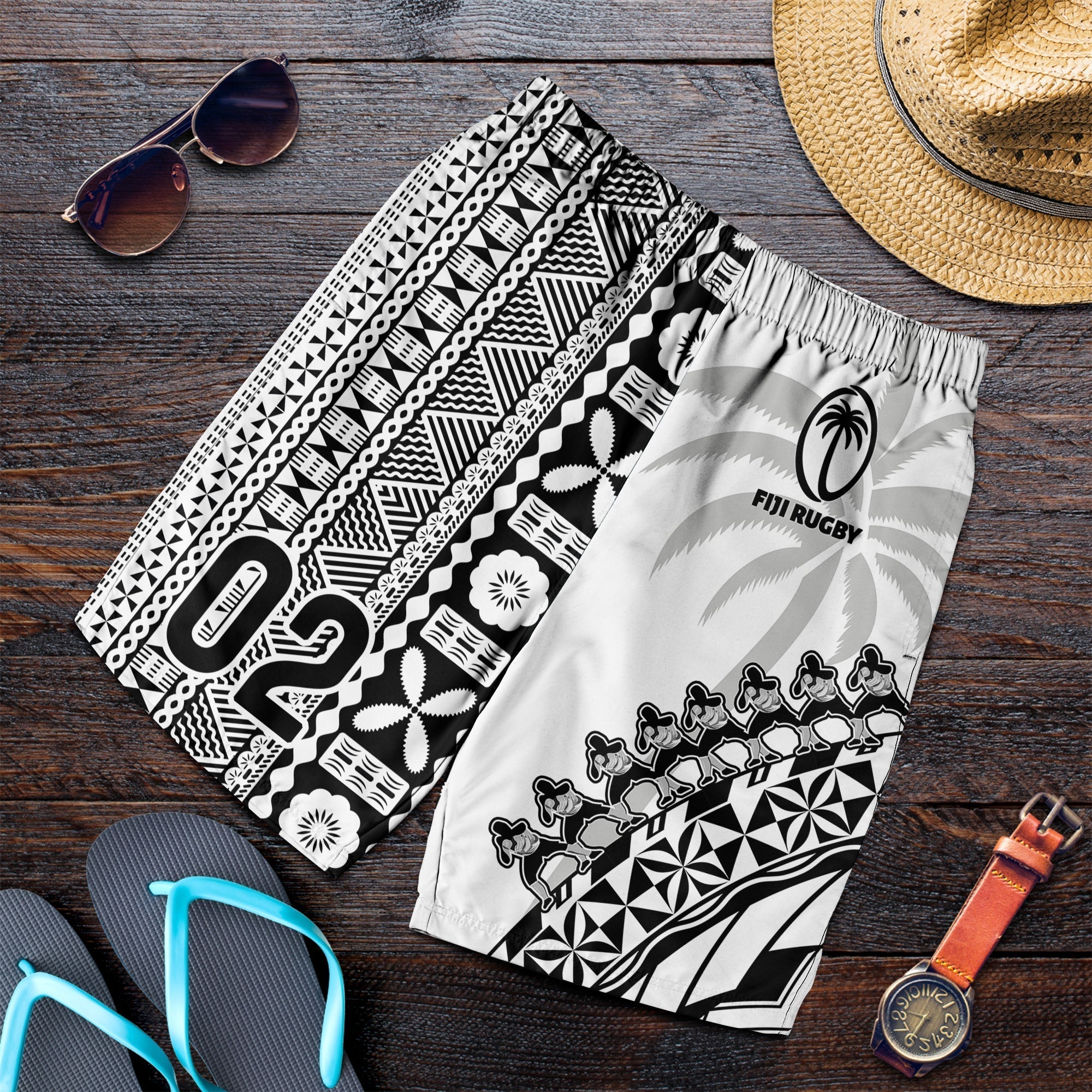 Custom Personalised Fiji Rugby Men Shorts Fijian Cibi Dance Tapa Pattern White LT14