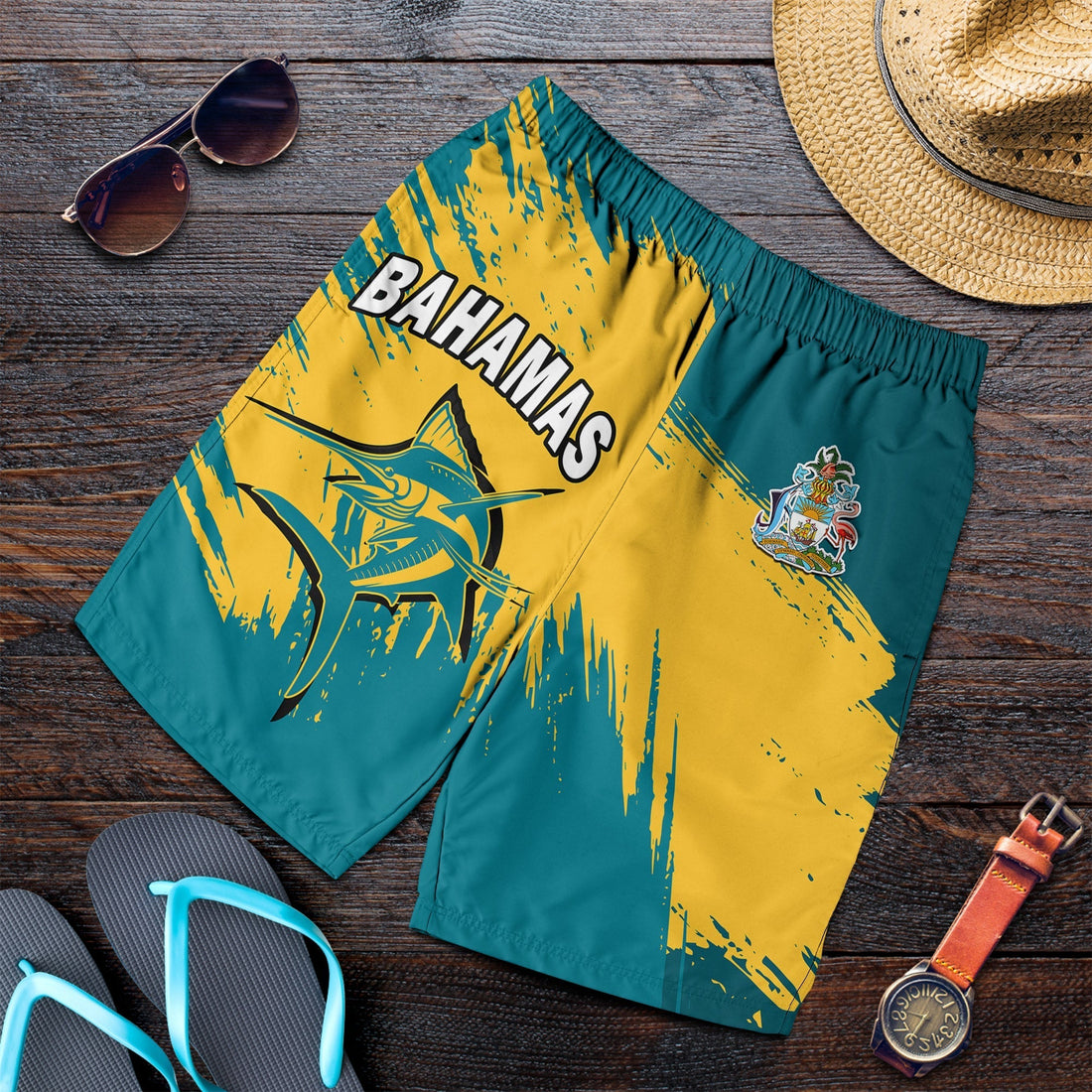 Bahamas Men Shorts Blue Marlin With Bahamian Coat Of Arms LT14