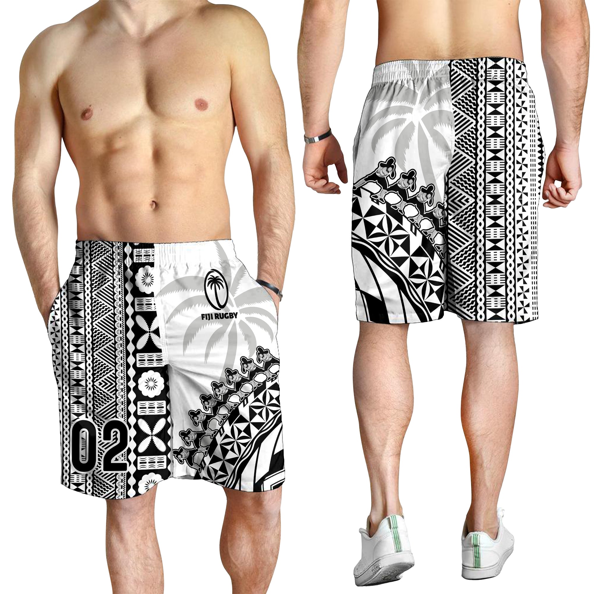 Custom Personalised Fiji Rugby Men Shorts Fijian Cibi Dance Tapa Pattern White LT14