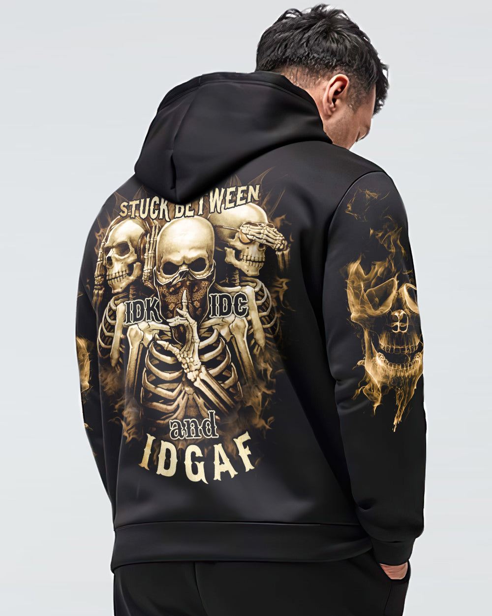 Mens Skull Hoodie Stuck Between IDK IDC And IDGAF