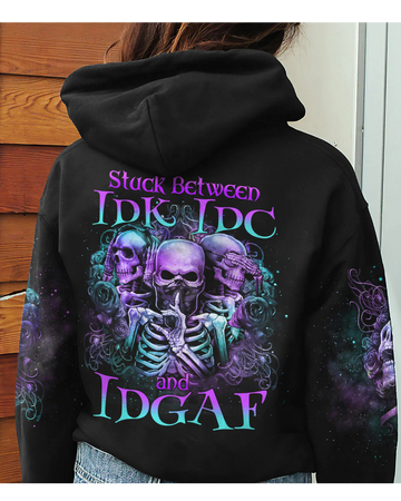 Stuck Between IDK IDC IDGAF Black Skull Hoodie