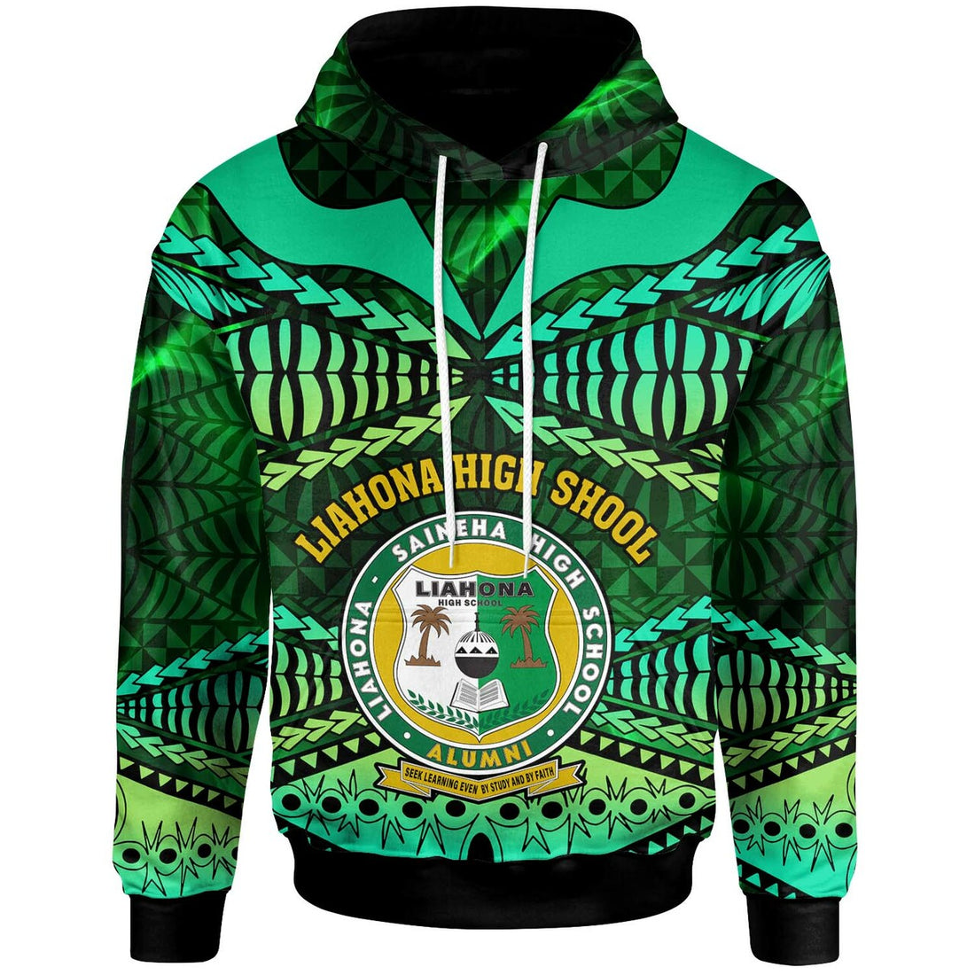 Tonga Custom Hoodie Liahona High Shool with Tonga Patterns with Green Effect LT10