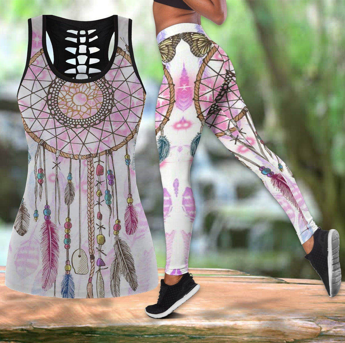 Pink DreamCatcher Paint Scales Native American Hollow Tanktop Leggings Set LT10