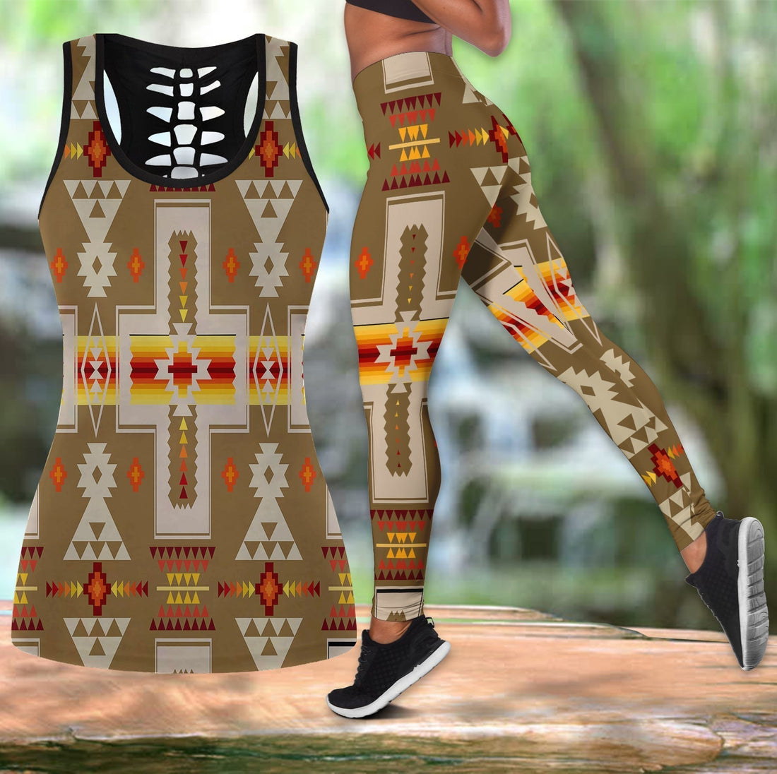 Light Brown Tribe Design Hollow Tanktop Leggings Set 113 LT10