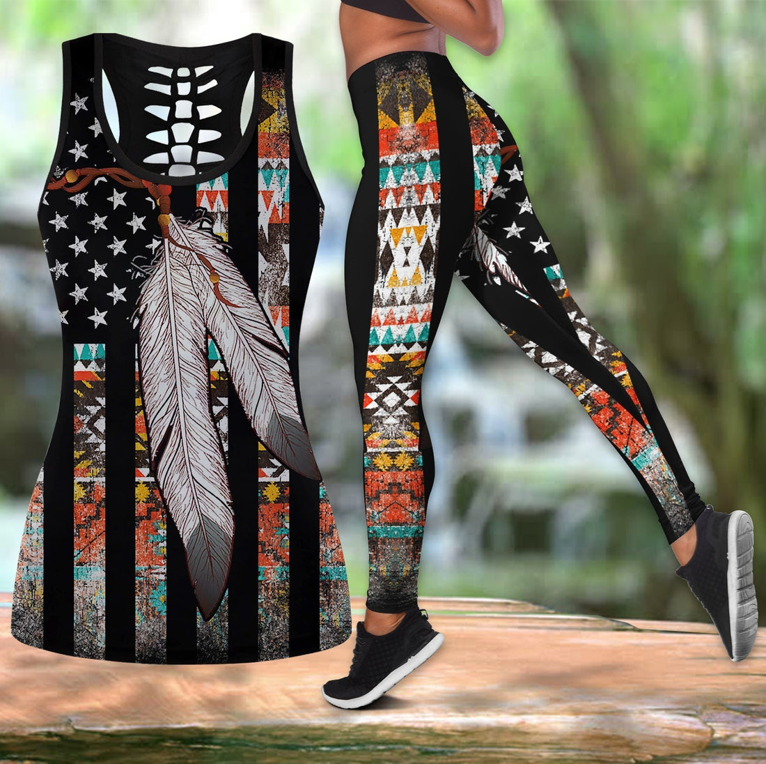 Native American Flag Feather Hollow Tanktop Leggings Set LT10