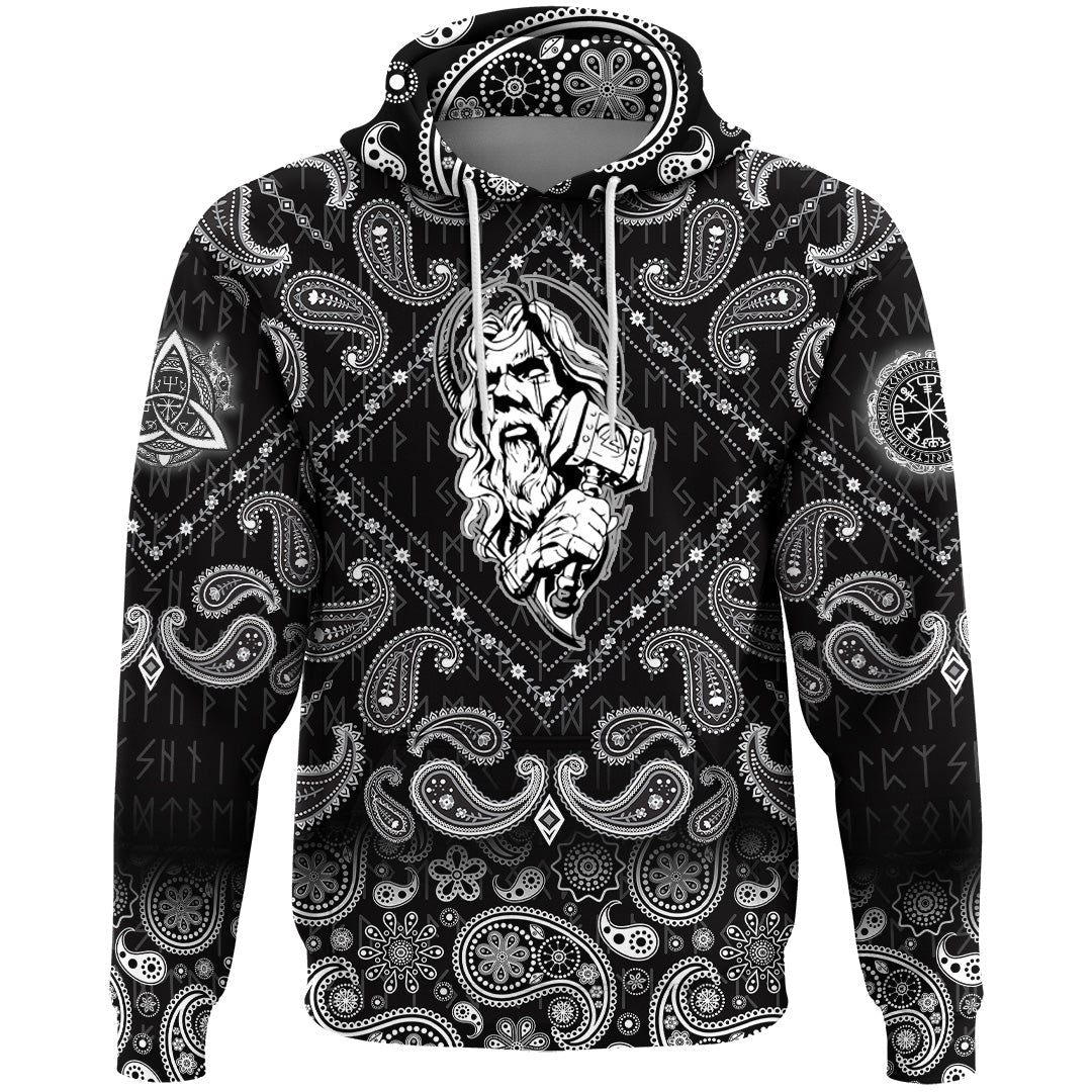 Viking Hoodie Nordic God and His Hammer with Bandana Paisley Style RLT12