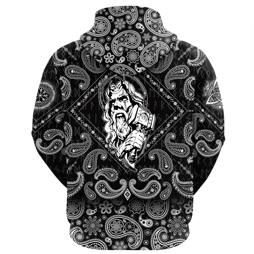 Viking Hoodie Nordic God and His Hammer with Bandana Paisley Style RLT12