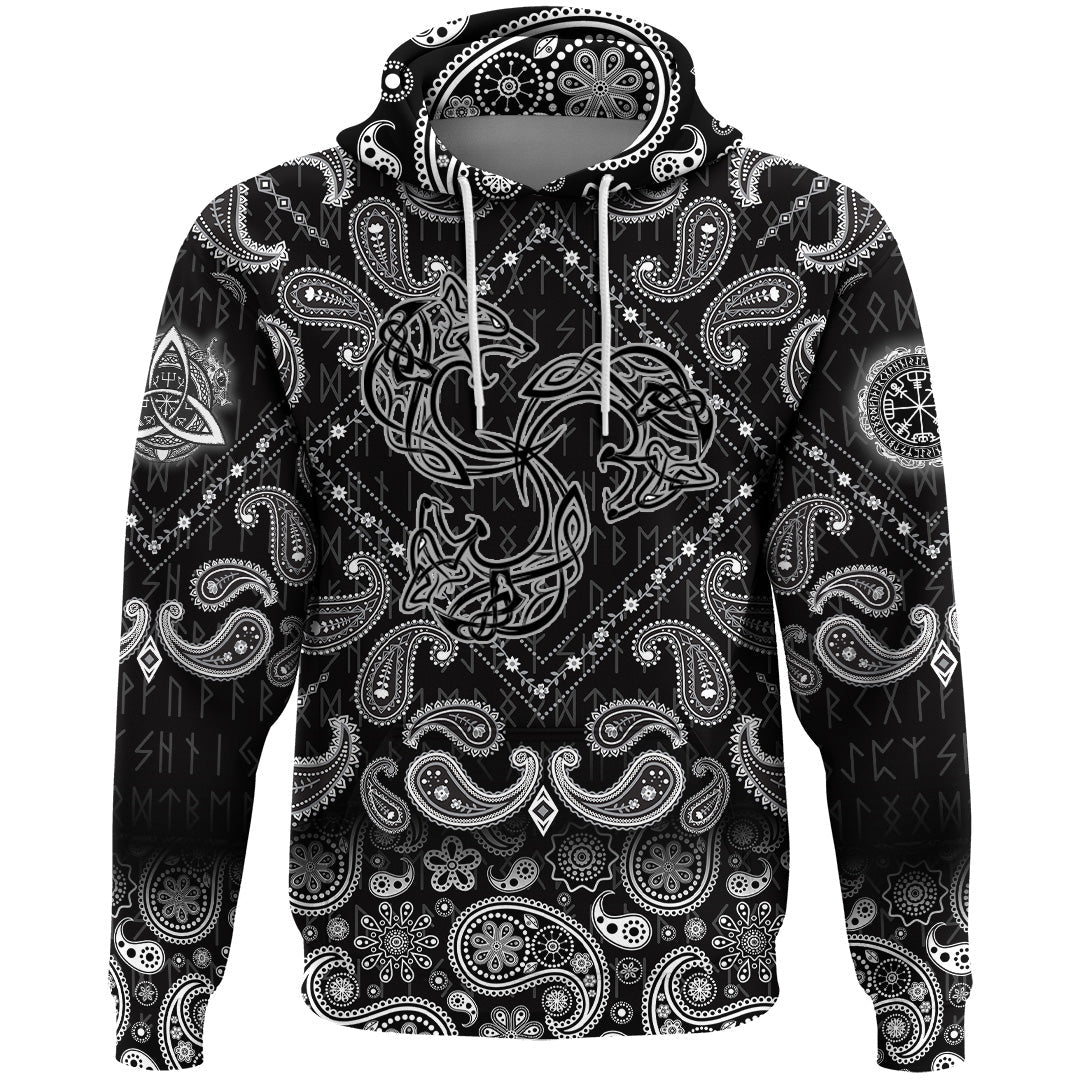 Viking Hoodie Norse Tattoo Wolf with Bandana Paisley Style RLT12