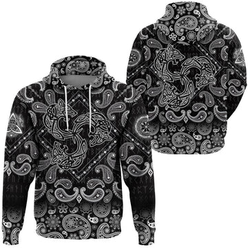 Viking Hoodie Norse Tattoo Wolf with Bandana Paisley Style RLT12