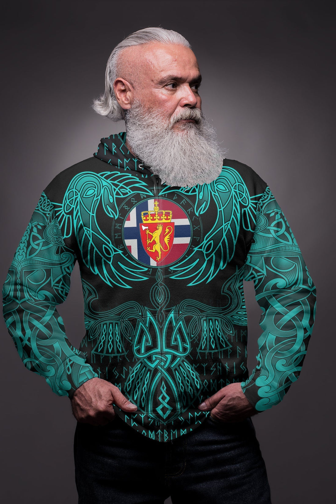 Viking Sami Zip Hoodie Valknut of Odin Cyan RLT12