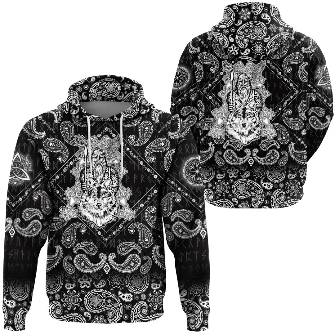 Viking Hoodie Odin and Wolf with Bandana Paisley Style RLT12