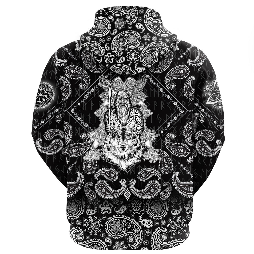 Viking Hoodie Odin and Wolf with Bandana Paisley Style RLT12