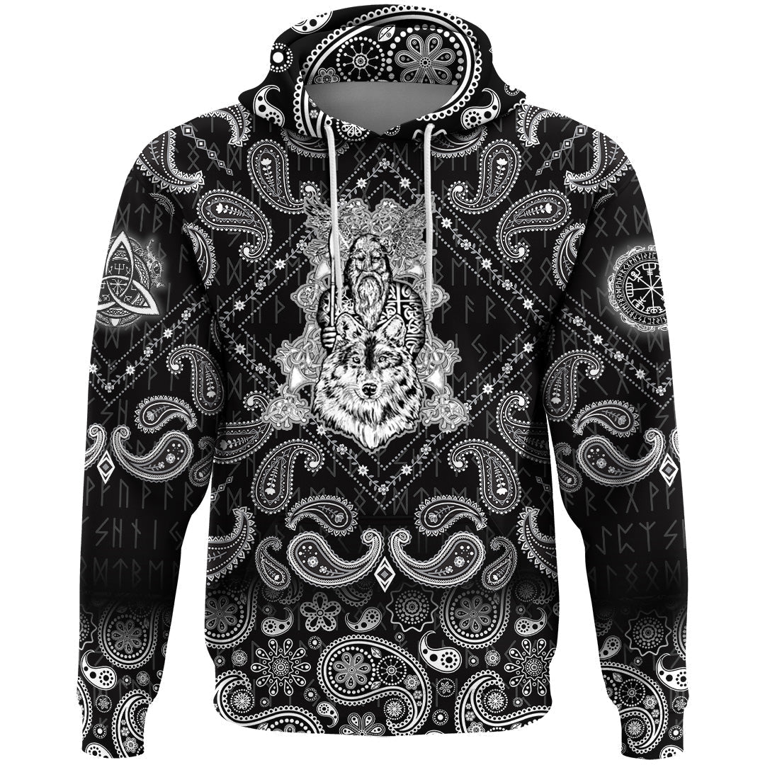 Viking Hoodie Odin and Wolf with Bandana Paisley Style RLT12