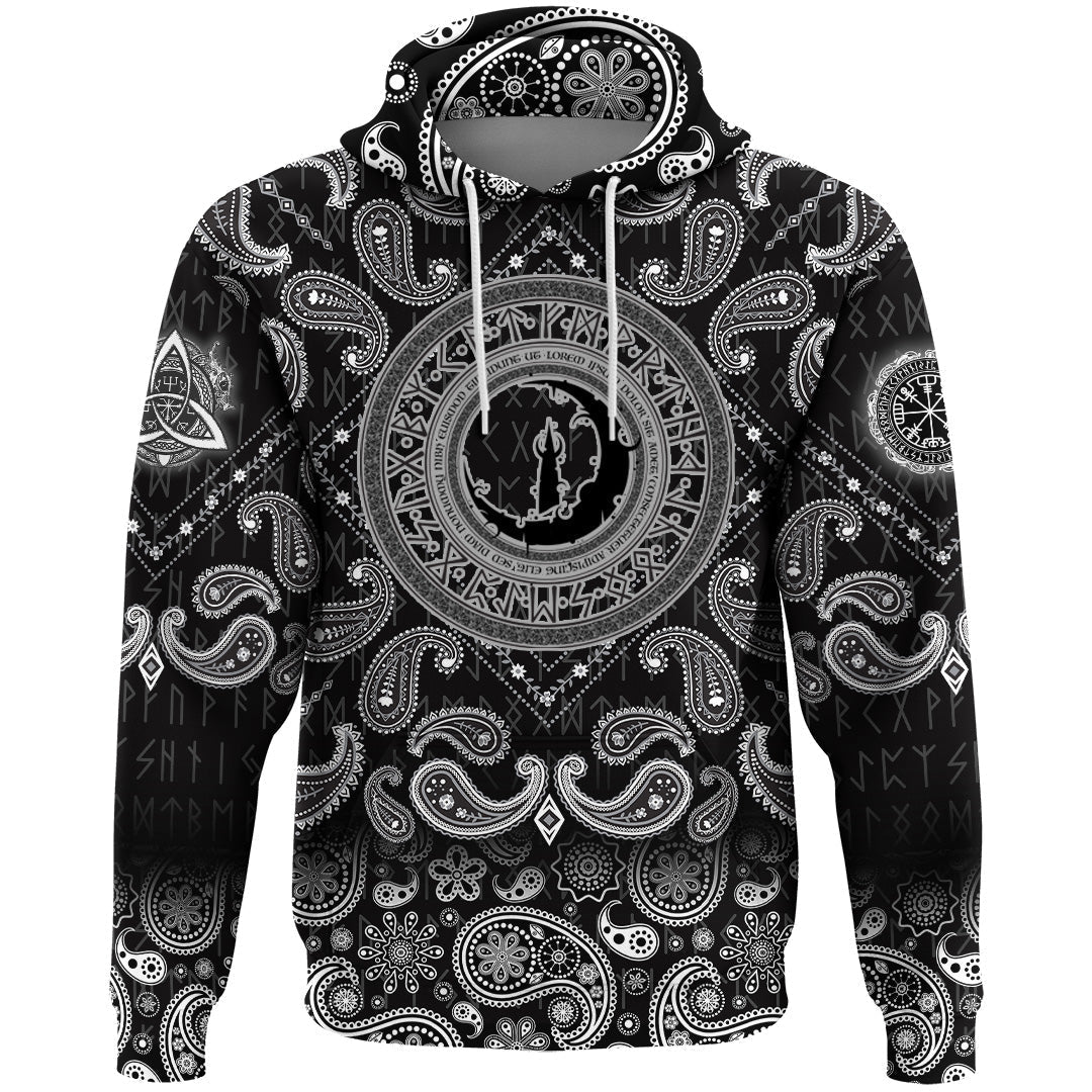 Viking Hoodie Old Scandinavian Runic Grunge Letters with Bandana Paisley Style RLT12