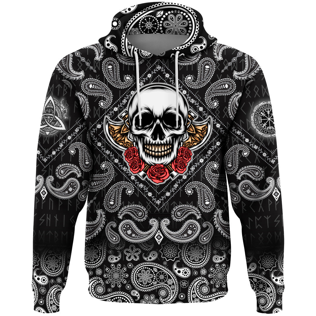 Viking Hoodie Old Skeleton Head With Axe Premium with Bandana Paisley Style RLT12