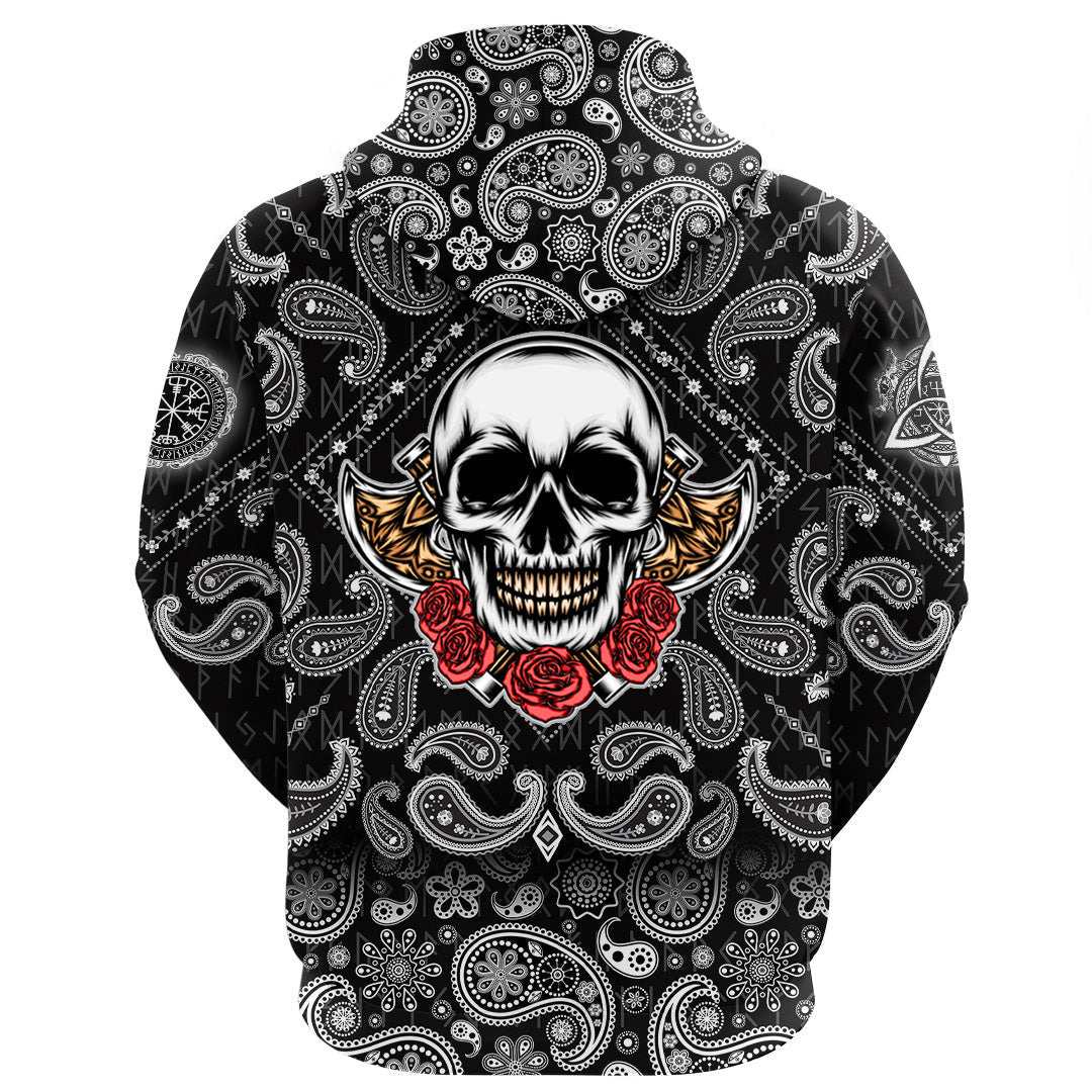 Viking Hoodie Old Skeleton Head With Axe Premium with Bandana Paisley Style RLT12