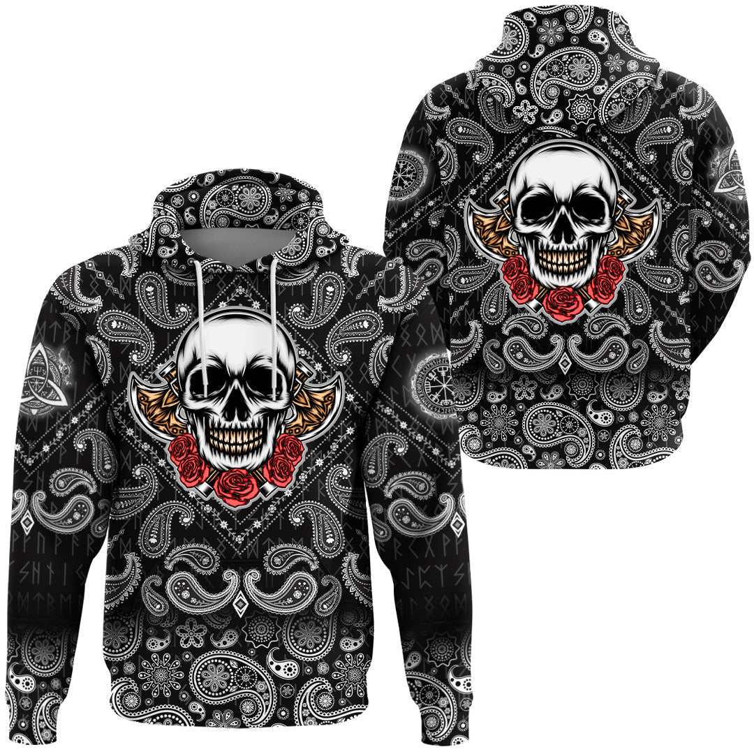 Viking Hoodie Old Skeleton Head With Axe Premium with Bandana Paisley Style RLT12