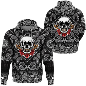 Viking Hoodie Old Skeleton Head With Axe Premium with Bandana Paisley Style RLT12