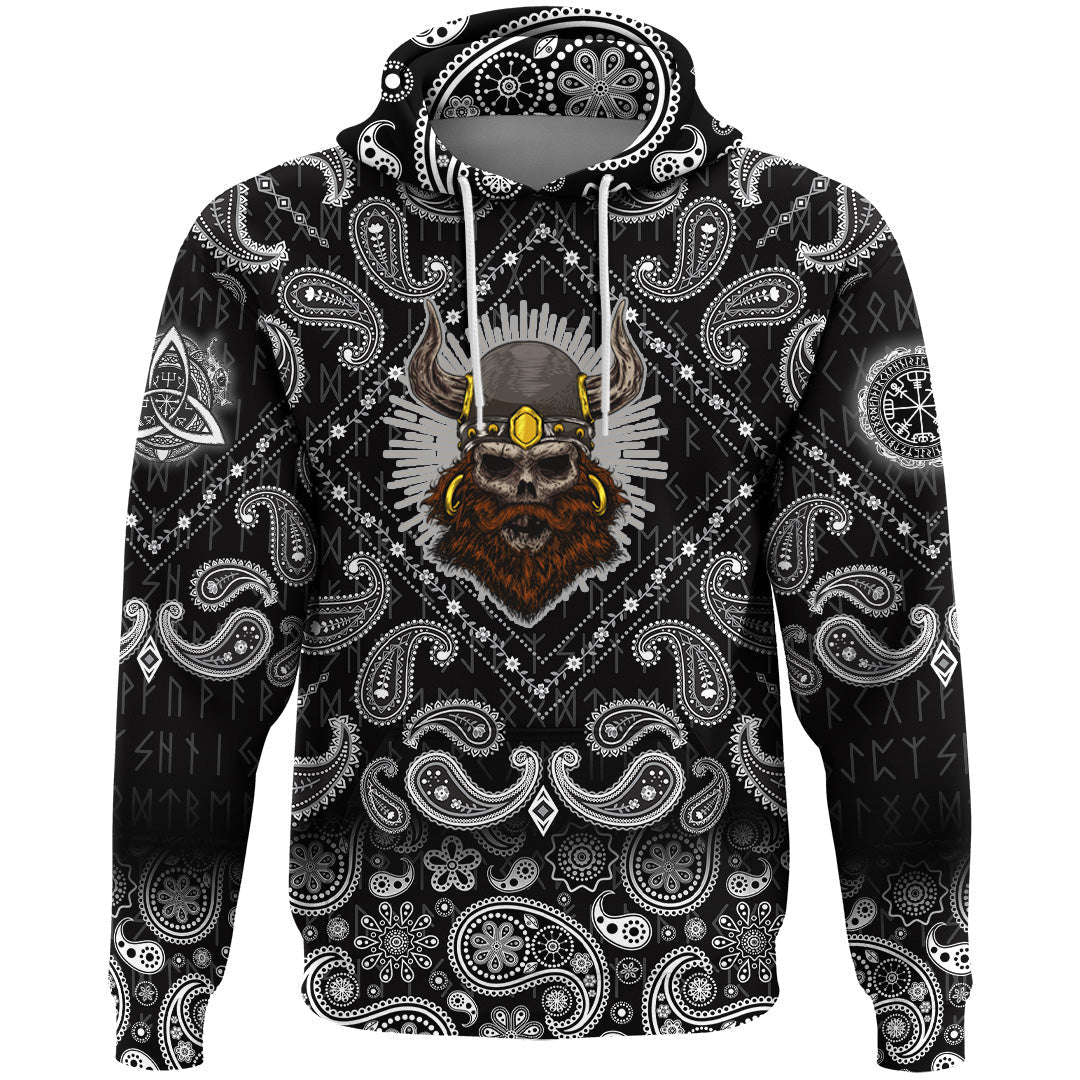 Viking Hoodie Old Skull Face Isolated with Bandana Paisley Style RLT12