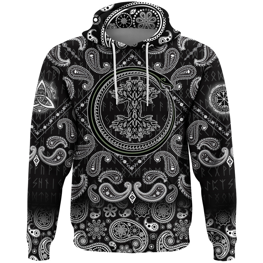 Viking Hoodie Ouroboros Serpent Curled Up Around Yggdrasil with Bandana Paisley Style RLT12