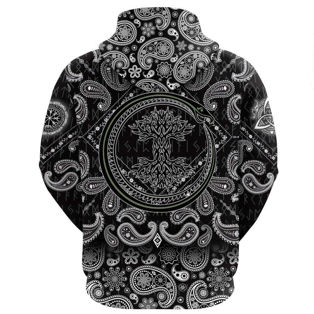 Viking Hoodie Ouroboros Serpent Curled Up Around Yggdrasil with Bandana Paisley Style RLT12
