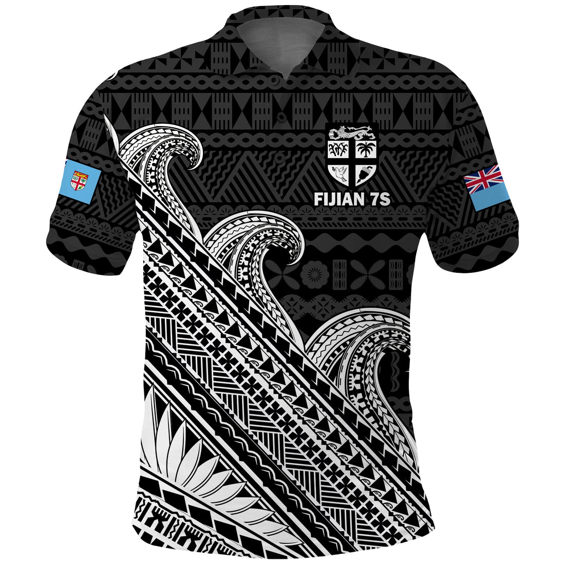 (Custom Text And Number) Fiji Sevens Rugby Fijian 7s Black Tapa Polynesian Art Polo Shirt LT14